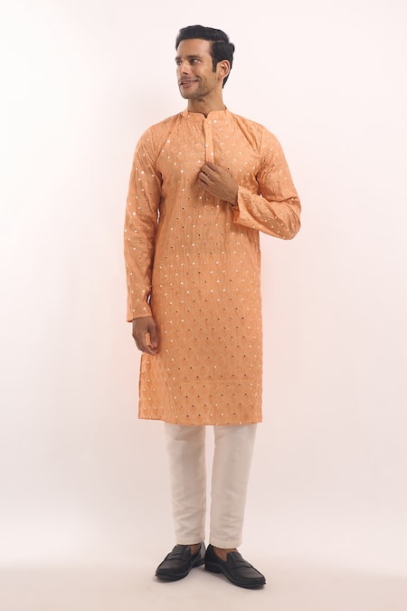 Buy_Arihant Rai Sinha_Peach Cotton, Silk Mirrors, Embroidery Kurta _Online_at_Aza_Fashions
