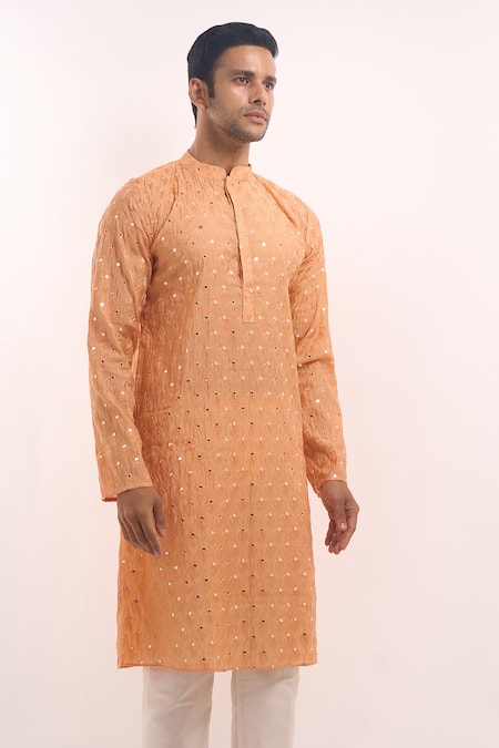 Arihant Rai Sinha_Peach Cotton, Silk Mirrors, Embroidery Kurta _at_Aza_Fashions