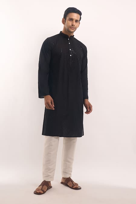 Buy_Arihant Rai Sinha_Black Cotton, Silk Sequins, Embroidery Kurta _Online_at_Aza_Fashions