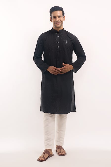 Arihant Rai Sinha_Black Cotton, Silk Sequins, Embroidery Kurta _at_Aza_Fashions