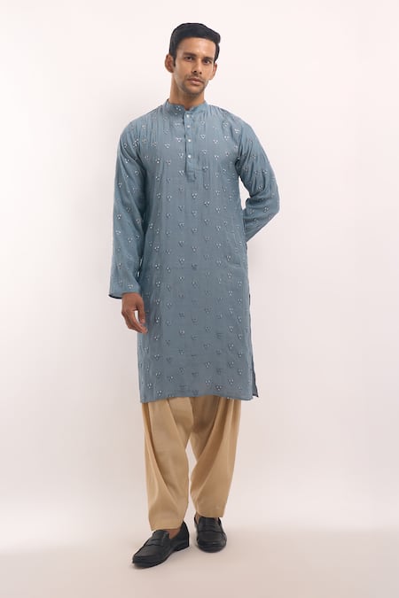 Arihant Rai Sinha_Charcoal Cotton, Silk Mirrors Geometric Motif Kurta _Online_at_Aza_Fashions