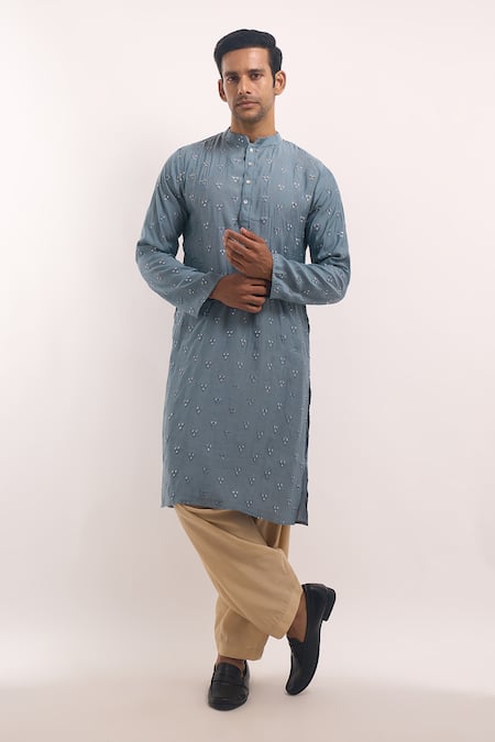 Buy_Arihant Rai Sinha_Charcoal Cotton, Silk Mirrors Geometric Motif Kurta _Online_at_Aza_Fashions