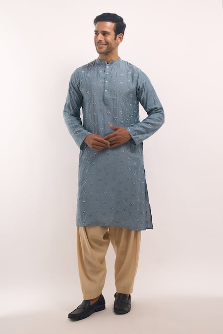 Shop_Arihant Rai Sinha_Charcoal Cotton, Silk Mirrors Geometric Motif Kurta _Online_at_Aza_Fashions