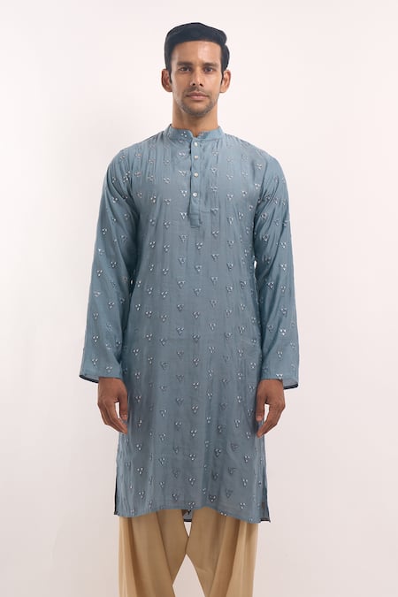 Arihant Rai Sinha_Charcoal Cotton, Silk Mirrors Geometric Motif Kurta _at_Aza_Fashions