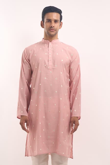 Arihant Rai Sinha_Pink Cotton, Silk Mirrors Work Kurta _Online_at_Aza_Fashions