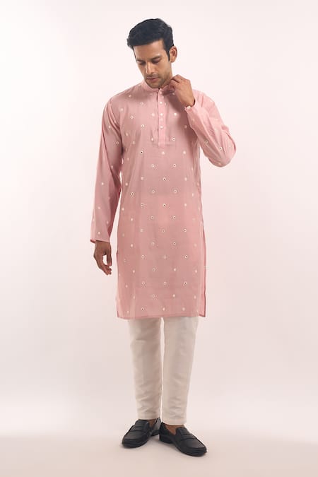 Buy_Arihant Rai Sinha_Pink Cotton, Silk Mirrors Work Kurta _Online_at_Aza_Fashions