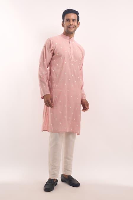 Arihant Rai Sinha_Pink Cotton, Silk Mirrors Work Kurta _at_Aza_Fashions