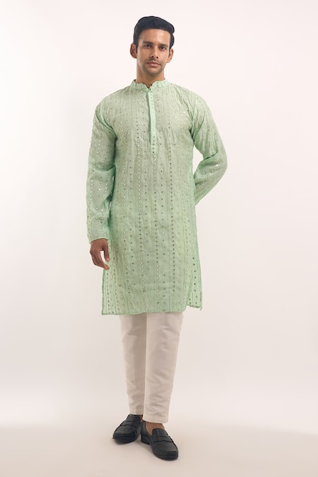 Arihant Rai Sinha_Green Cotton, Silk Mirrors, Embroidery Work Striped Kurta _Online_at_Aza_Fashions
