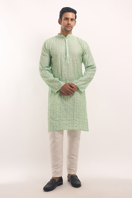 Buy_Arihant Rai Sinha_Green Cotton, Silk Mirrors, Embroidery Work Striped Kurta _Online_at_Aza_Fashions