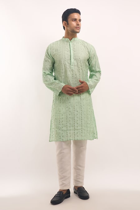 Shop_Arihant Rai Sinha_Green Cotton, Silk Mirrors, Embroidery Work Striped Kurta _Online_at_Aza_Fashions