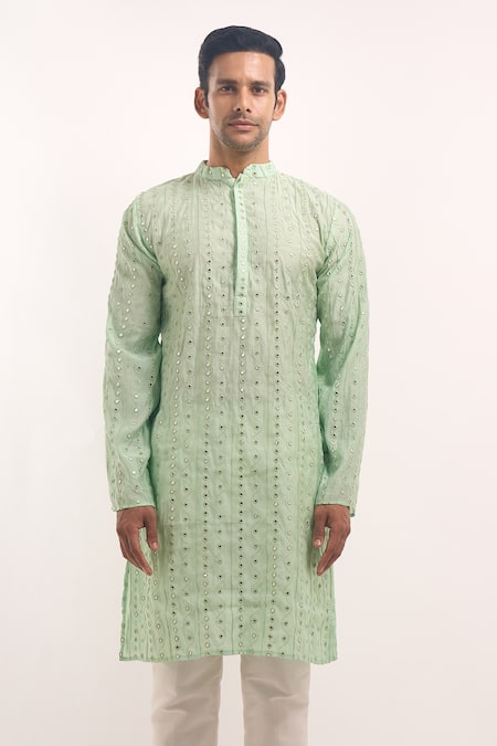 Arihant Rai Sinha_Green Cotton, Silk Mirrors, Embroidery Work Striped Kurta _at_Aza_Fashions