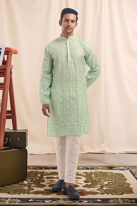 Arihant Rai Sinha Mirror Work Striped Cotton Silk Kurta 