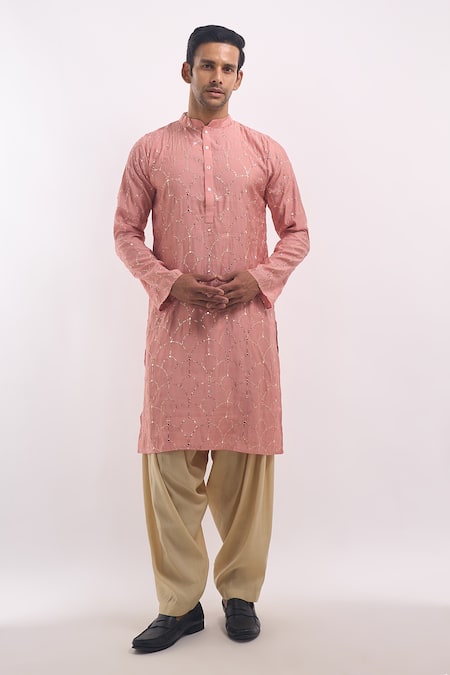 Arihant Rai Sinha_Pink Cotton, Silk Sequins Geometric Embroidered Kurta _Online_at_Aza_Fashions
