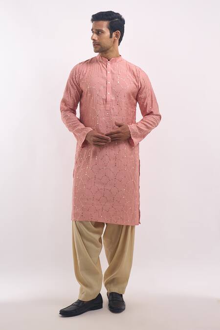 Buy_Arihant Rai Sinha_Pink Cotton, Silk Sequins Geometric Embroidered Kurta _Online_at_Aza_Fashions
