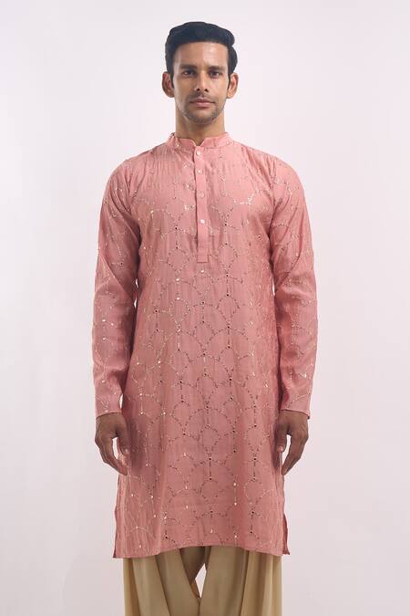 Arihant Rai Sinha_Pink Cotton, Silk Sequins Geometric Embroidered Kurta _at_Aza_Fashions