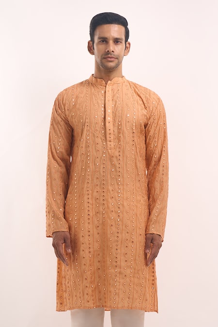 Arihant Rai Sinha_Orange Cotton, Silk Mirrors Embroidered Kurta _Online_at_Aza_Fashions