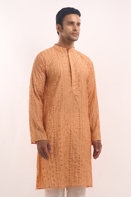 Buy_Arihant Rai Sinha_Orange Cotton, Silk Mirrors Embroidered Kurta _Online_at_Aza_Fashions