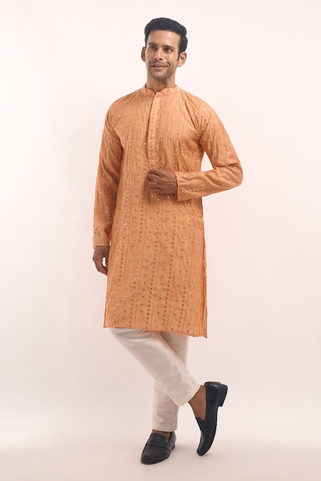 Shop_Arihant Rai Sinha_Orange Cotton, Silk Mirrors Embroidered Kurta _Online_at_Aza_Fashions