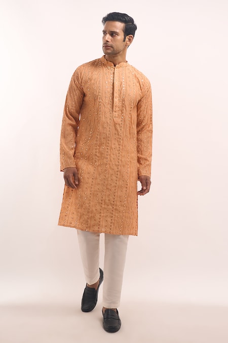 Arihant Rai Sinha_Orange Cotton, Silk Mirrors Embroidered Kurta _at_Aza_Fashions