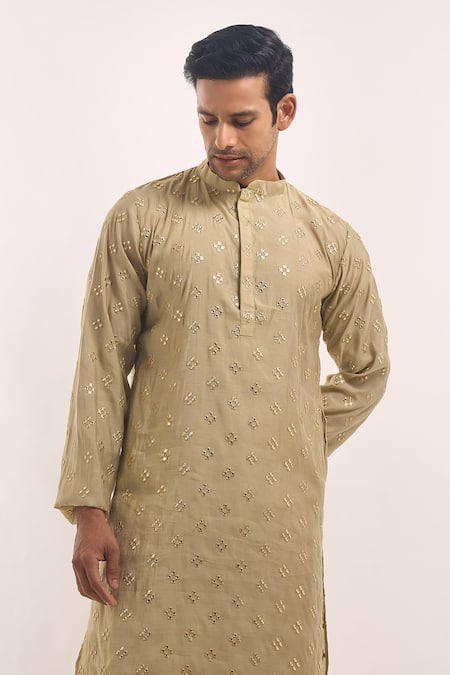 Arihant Rai Sinha Cream Cotton, Silk Mirrors Geometric Motif Embroidered Kurta Online at Aza Fashions Arihant Rai Sinha_Cream Cotton, Silk Mirrors Geometric Motif Embroidered Kurta _Online_at_Aza_Fashions