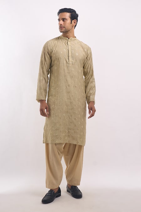 Shop Arihant Rai Sinha Cream Cotton, Silk Mirrors Geometric Motif Embroidered Kurta Online at Aza Fashions Shop_Arihant Rai Sinha_Cream Cotton, Silk Mirrors Geometric Motif Embroidered Kurta _Online_at_Aza_Fashions