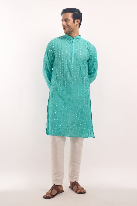 Arihant Rai Sinha_Blue Cotton, Silk Mirrors, Embroidery Work Kurta _Online_at_Aza_Fashions