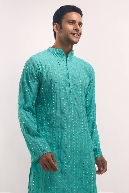 Buy_Arihant Rai Sinha_Blue Cotton, Silk Mirrors, Embroidery Work Kurta _Online_at_Aza_Fashions