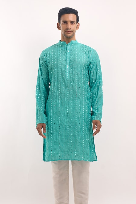 Shop_Arihant Rai Sinha_Blue Cotton, Silk Mirrors, Embroidery Work Kurta _Online_at_Aza_Fashions