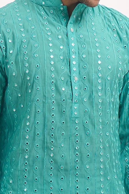 Arihant Rai Sinha_Blue Cotton, Silk Mirrors, Embroidery Work Kurta _at_Aza_Fashions