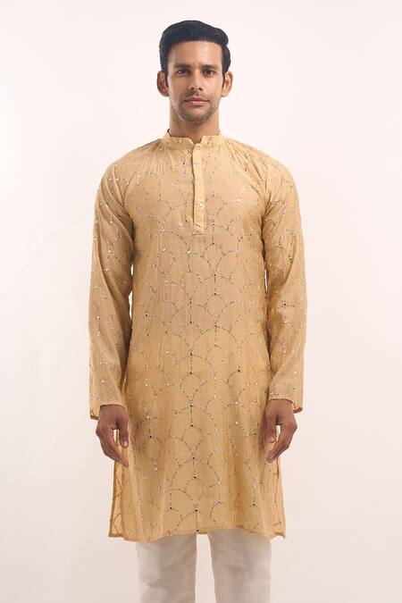 Arihant Rai Sinha Beige Cotton, Silk Mirrors, Embroidery Geometric Work Kurta at Aza Fashions Arihant Rai Sinha_Beige Cotton, Silk Mirrors, Embroidery Geometric Work Kurta _at_Aza_Fashions