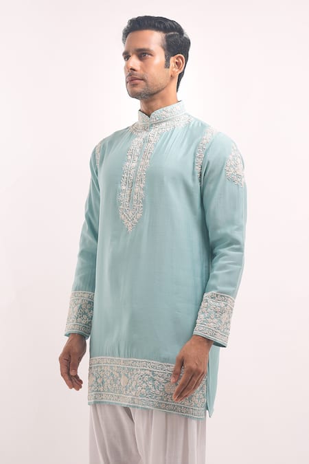 Buy_Arihant Rai Sinha_Sky Blue Cotton, Silk Embroidery Short Kurta _Online_at_Aza_Fashions
