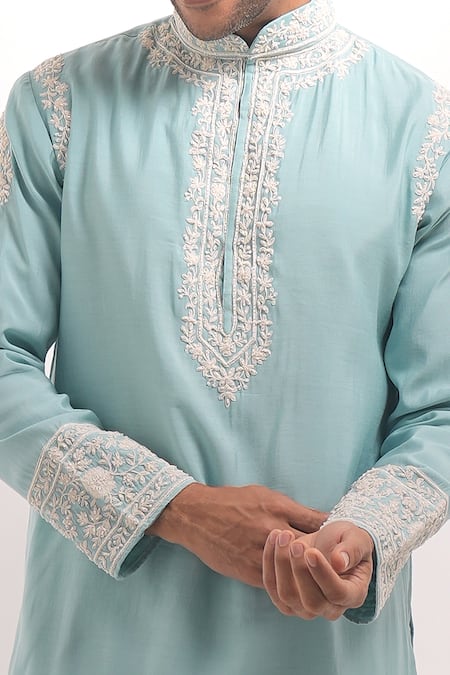 Shop_Arihant Rai Sinha_Sky Blue Cotton, Silk Embroidery Short Kurta _Online_at_Aza_Fashions