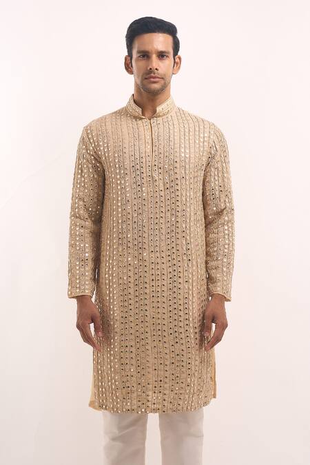 Arihant Rai Sinha_Beige Cotton, Silk Mirrors Embellished Classic Kurta _Online_at_Aza_Fashions