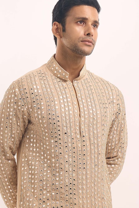 Buy_Arihant Rai Sinha_Beige Cotton, Silk Mirrors Embellished Classic Kurta _Online_at_Aza_Fashions