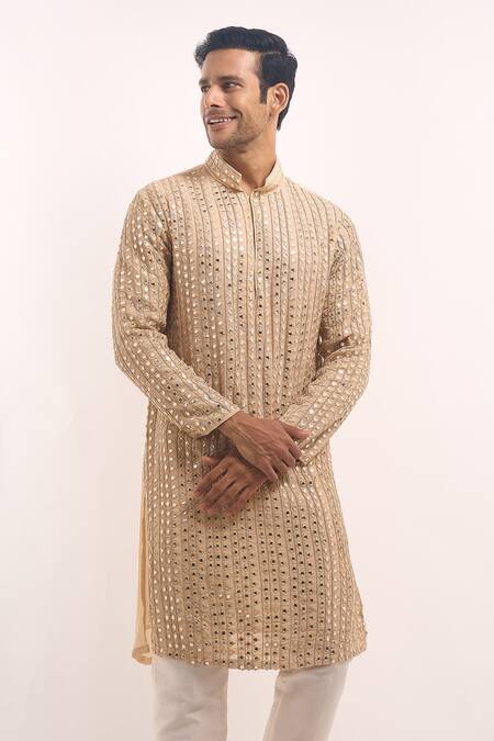 Shop_Arihant Rai Sinha_Beige Cotton, Silk Mirrors Embellished Classic Kurta _Online_at_Aza_Fashions