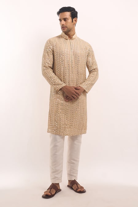 Arihant Rai Sinha_Beige Cotton, Silk Mirrors Embellished Classic Kurta _at_Aza_Fashions