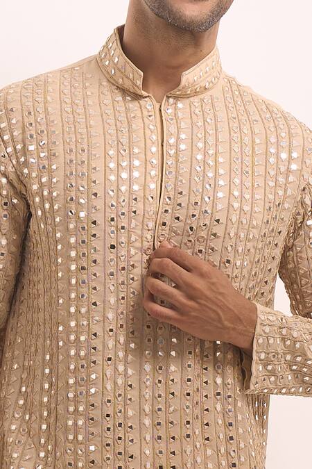 Buy_Arihant Rai Sinha_Beige Cotton, Silk Mirrors Embellished Classic Kurta 