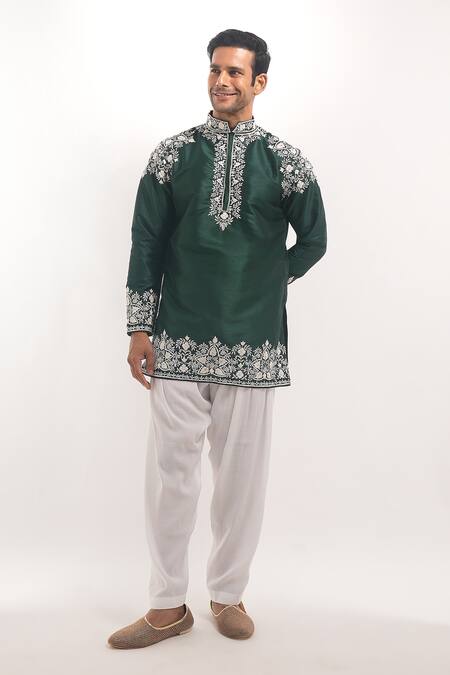 Arihant Rai Sinha_Teal Silk Embroidery, Metallic Thread Blend Short Kurta _Online_at_Aza_Fashions