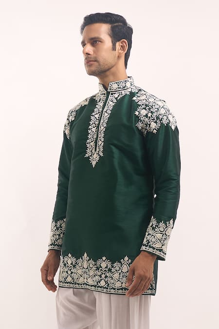 Buy_Arihant Rai Sinha_Teal Silk Embroidery, Metallic Thread Blend Short Kurta _Online_at_Aza_Fashions
