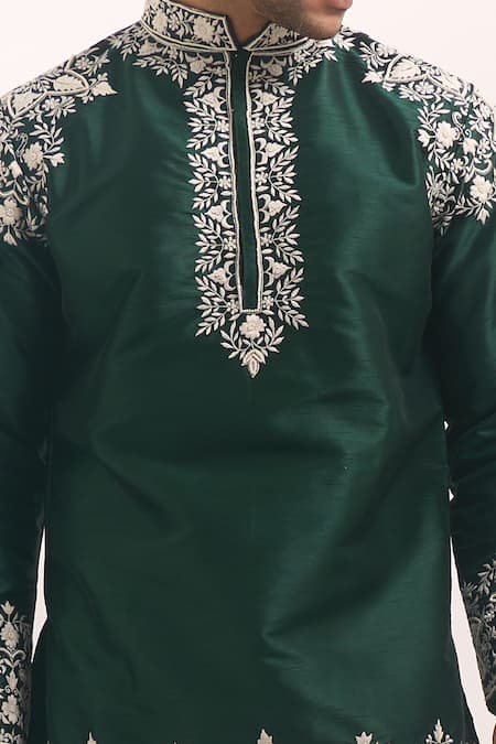 Shop_Arihant Rai Sinha_Teal Silk Embroidery, Metallic Thread Blend Short Kurta _Online_at_Aza_Fashions