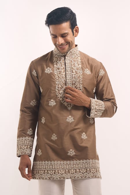 Arihant Rai Sinha Brown Cotton Embroidery Short Kurta Online at Aza Fashions Arihant Rai Sinha_Brown Cotton Embroidery Short Kurta _Online_at_Aza_Fashions