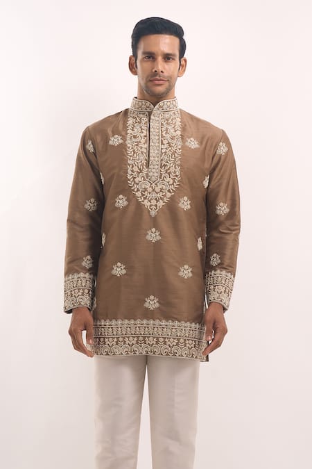 Buy Arihant Rai Sinha Brown Cotton Embroidery Short Kurta Online at Aza Fashions Buy_Arihant Rai Sinha_Brown Cotton Embroidery Short Kurta _Online_at_Aza_Fashions