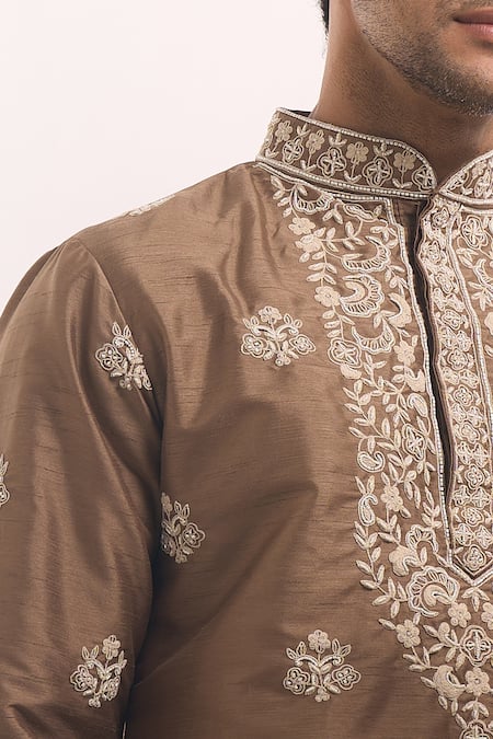 Shop Arihant Rai Sinha Brown Cotton Embroidery Short Kurta Online at Aza Fashions Shop_Arihant Rai Sinha_Brown Cotton Embroidery Short Kurta _Online_at_Aza_Fashions