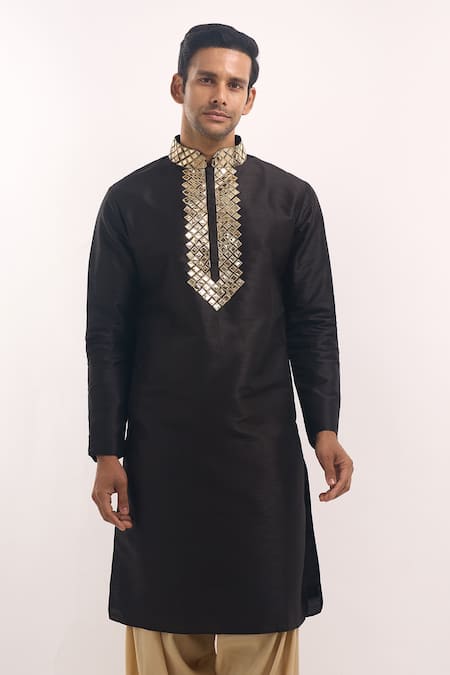Arihant Rai Sinha_Black Silk Mirrors, Embroidery Embellished Kurta _Online_at_Aza_Fashions