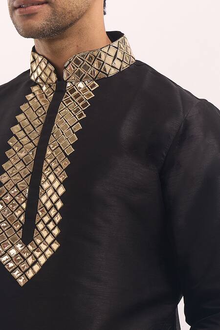 Buy_Arihant Rai Sinha_Black Silk Mirrors, Embroidery Embellished Kurta _Online_at_Aza_Fashions