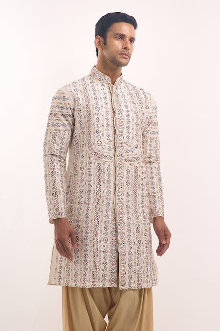 Shop_Arihant Rai Sinha_Cream Silk Embroidery Geometric Pattern Blend Kurta _Online_at_Aza_Fashions