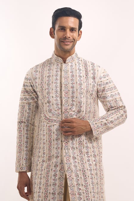Arihant Rai Sinha_Cream Silk Embroidery Geometric Pattern Blend Kurta _at_Aza_Fashions