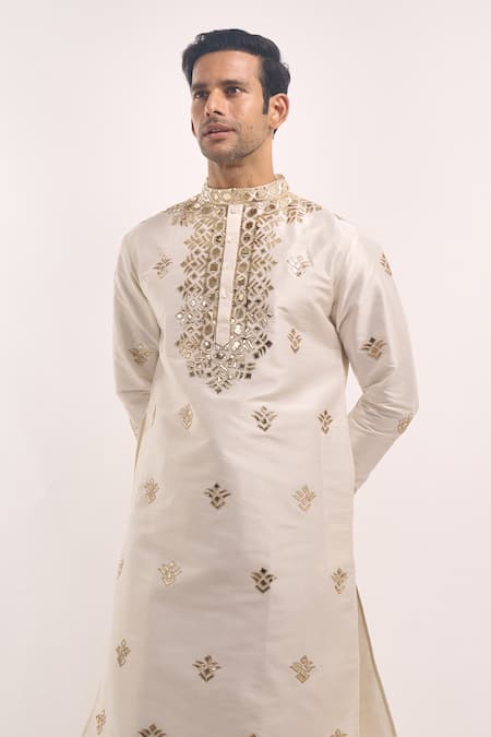 Shop Arihant Rai Sinha White Silk Mirrors, Embroidery Blend Kurta Online at Aza Fashions Shop_Arihant Rai Sinha_White Silk Mirrors, Embroidery Blend Kurta _Online_at_Aza_Fashions