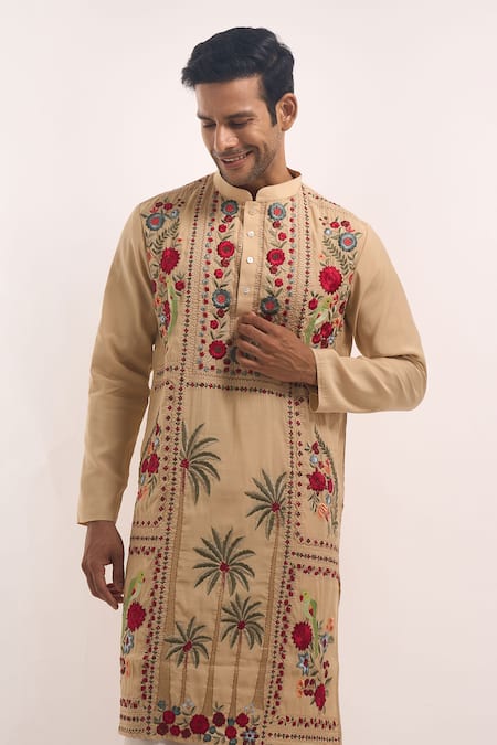 Arihant Rai Sinha_Cream Silk Embroidery Floral And Palm Tree Pattern Kurta _Online_at_Aza_Fashions