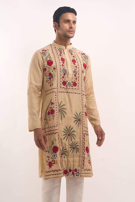 Buy_Arihant Rai Sinha_Cream Silk Embroidery Floral And Palm Tree Pattern Kurta _Online_at_Aza_Fashions